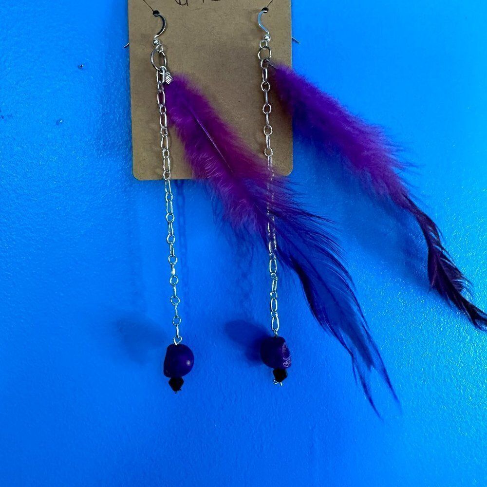 Boho Handmade Purple Feather Earrings w/ Howlite Skulls & Silver Chain